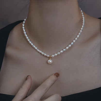 High Quality Rice Natural Freshwater Pearl Beaded Necklace for Women 14K Real Gold Plated Copper Strand Chokers Wholesale
