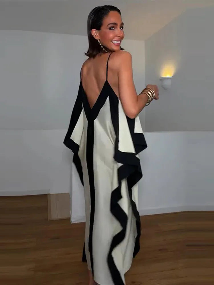 Contrast Black Trim Satin Maxi Dress Deep V Neck Loose Flowy Ruffle Hem Lady Long Gown 2026 Summer Formal Chic Vacation Dresses