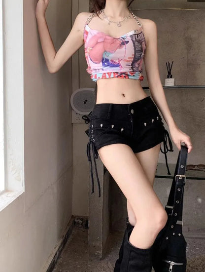 Black Gothic Punk Denim Shorts for Women Creativity Lace-Up Popular Y2K Cowboy Short Pants Lady Sexy Skinny Elastic Jean Shorts