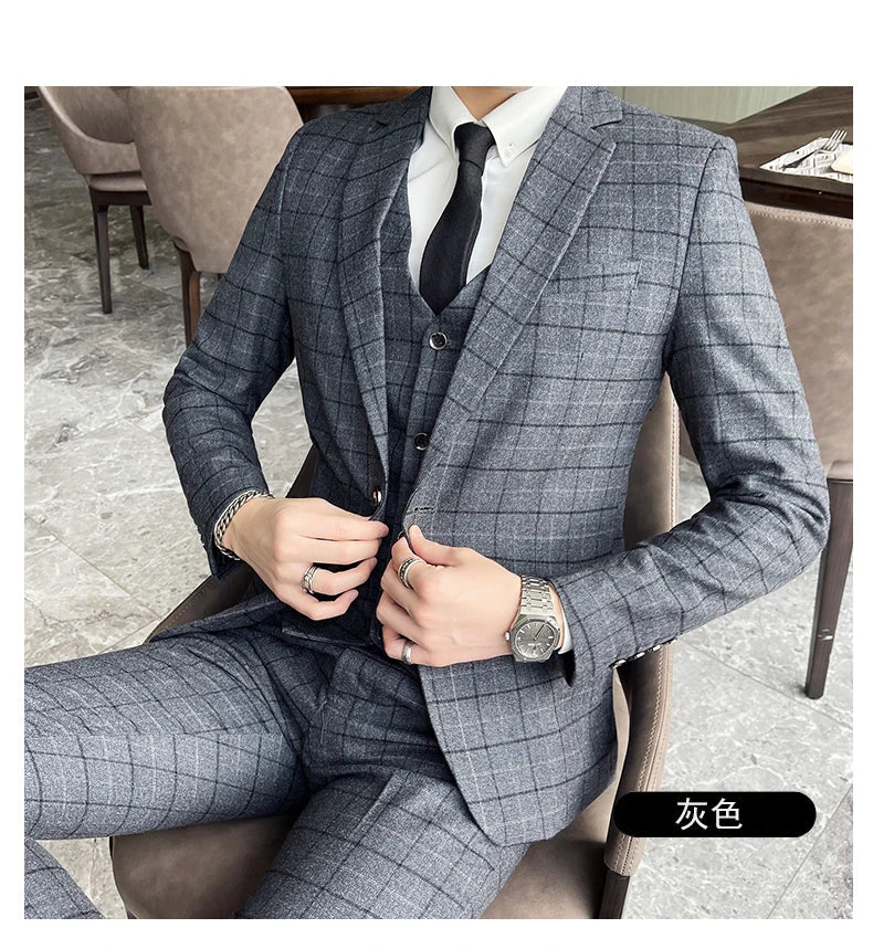 Men's High-Quality Cotton Texture Wedding Suit Set - Plaid Pattern Business Casual Three-Piece Vest Trousers Ensemble