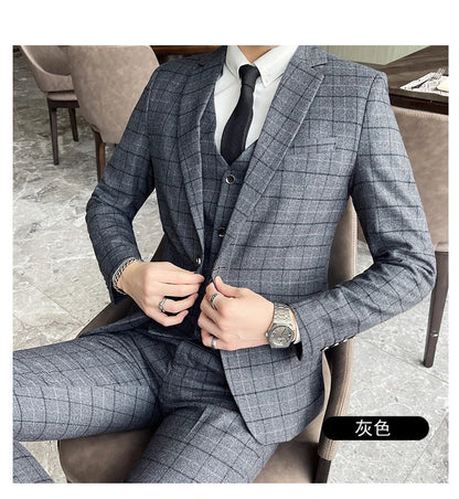 Men's High-Quality Cotton Texture Wedding Suit Set - Plaid Pattern Business Casual Three-Piece Vest Trousers Ensemble