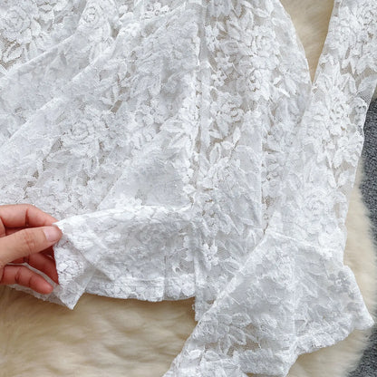 Women's Autumn Mesh Lace Hollow Out White Short Dress Women Micro Flare Sleeve See Through Translucent Sexy Girl's Mini Dress