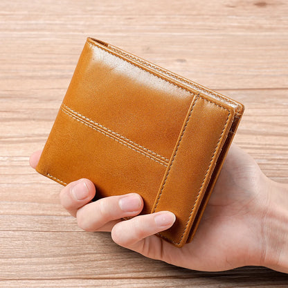 Custom Engravable Logo RFID Blocking Anti-theft Oil Wax First-layer Cowhide Short Men's Wallet Card Holder European American