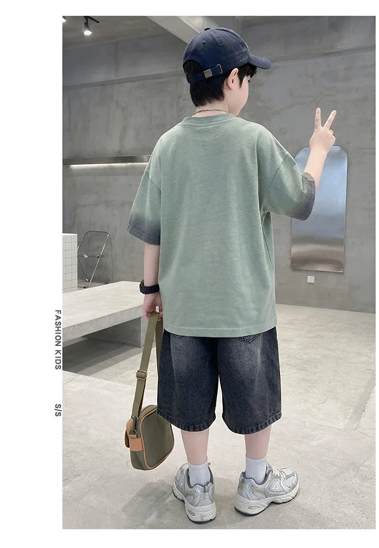 Luxurious Teen Boys Set For Child Elegant T-shirts + Denim Shorts 2PCS Clothes Set Summer Kids Luxury Clothing Set Age 6 To 16 Y