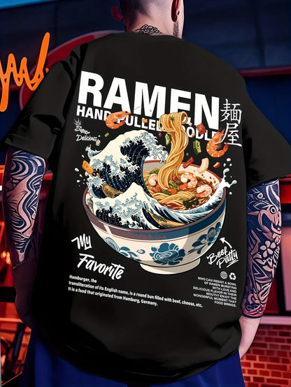 Men New Summer Casual Street Style T-shirt Japanese Waves Ramen Pattern Suitable for Daily Wear 100% Pure Cotton Soft Material
