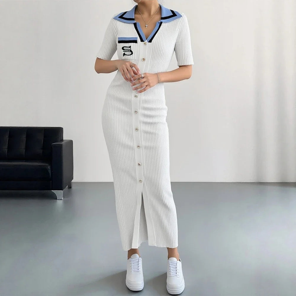 Chic Fashion Sexy Wrap Hips Knitted Long Dress 2026 New Brand Fashion Embroidery Single-breasted Shirt Dress Streetwear