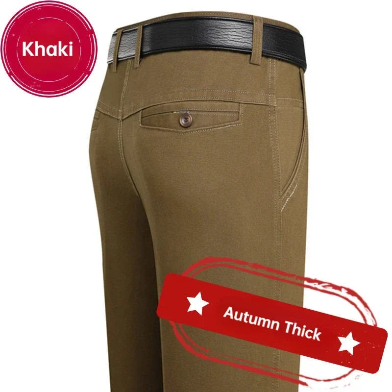 Men's Office Business 100% Cotton Pants Summer Thin & Autumn Thick High Waist Straight Loose Solid Bland Suit Slacks GOZBKF