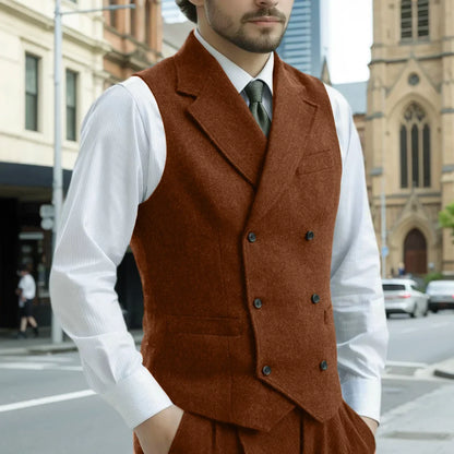 Men Vest Army Green Herringbone Double Button With Lapel Waistcoat For Wedding Business Office Work Daily Casual Men Suit Vest