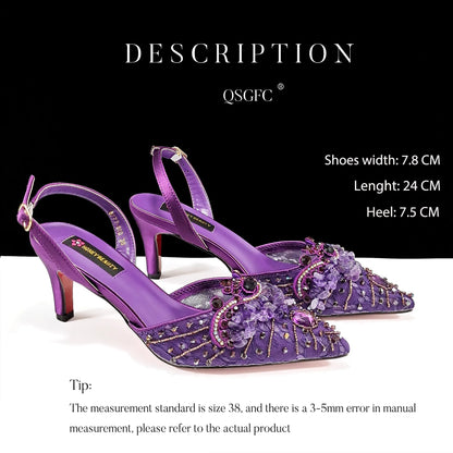 Italian Design Rhinestones and Coral Stones Ladies Party Shoes High Heels Pointed Toe Coffee Color Women's Shoes