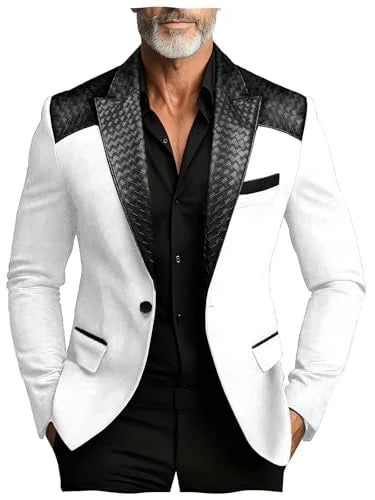Men's Faux Suede Jacket with PU Leather Collar & Shoulder Two-Tone Blazer Contrast Trim Coat
