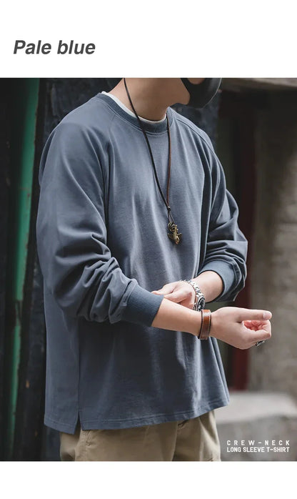 100% Cotton Loose Crew Neck Long Sleeve T-shirts Men's  230g Thin Breathable Tee Shirt Basic Solid Color Oversized Tops