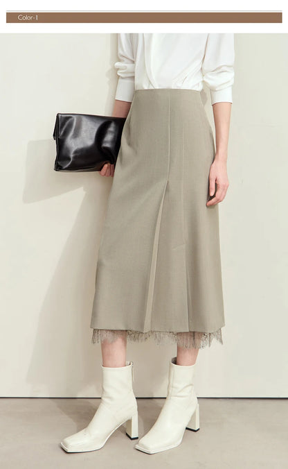 Minimalism Skirts for Woman 2025 Spring New Elegant Patchwork Lace Women's Clothing Retro Lady A-Line Pleated Skirt12443013