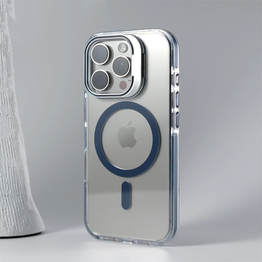 Luxury Lens Holder Shockproof Magnetic Case For iPhone 16 15 14 Plus 13 12 17 Pro Max 17Air 16e Magsafe Fashion Clear Cover