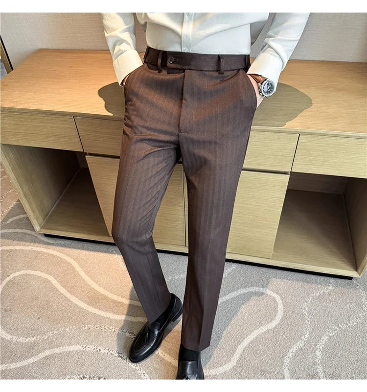 Autumn Winter New Thickened Wool Striped Suit Pants Men's High Qualitys Elastic Waist Slim Fit Business Casual Trousers 38-29