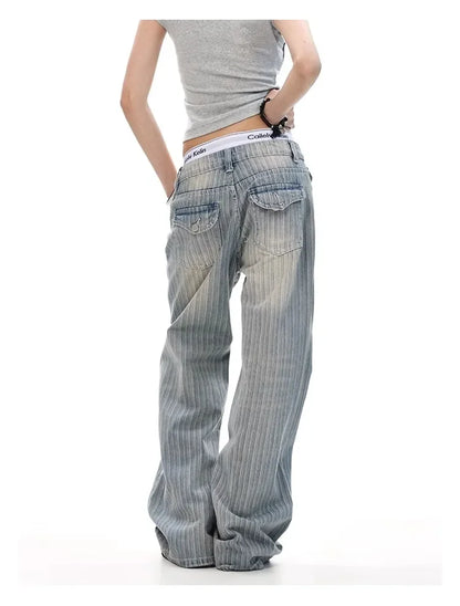 2025 Retro American Waed Striped Hole Denim Jeans Loose High Street Micro Flared Cleanfit Casual Long Trousers for Men And Women