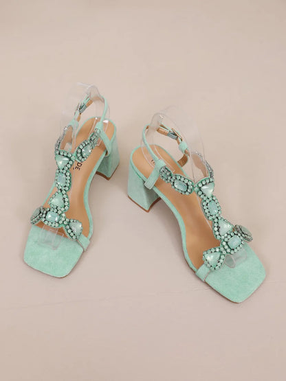 Glamorous Pink/Green Gemstone High Heel Sandals  Women's Elegant Rhinestone Ankle Strap Party Wedding Footwear