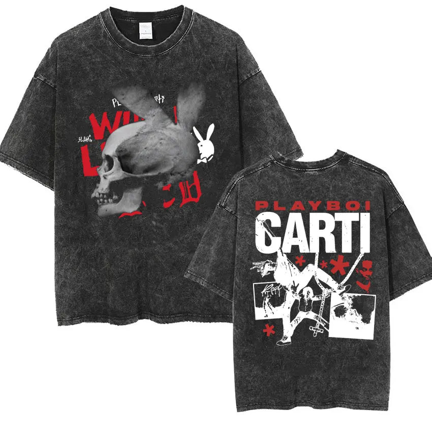 Retro Washed Playboi Carti I AM MUSIC Logo T Shirt Opium Ken Carson Narcissist Tour Antagonist Rap T-shirts Men's Oversized Tees
