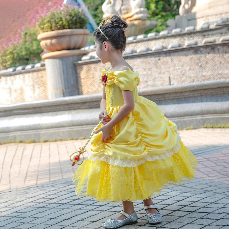 Girl Belle Dress Beauty Cosplay Costume Princess Deluxe Applique Outfit Children Birthday Party Elegant Gown Fairy Disguise Sets