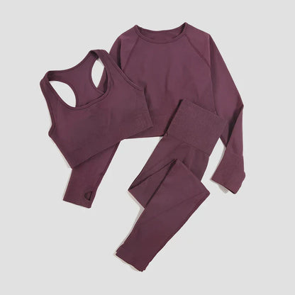 2/3Pcs Women Seamless Fitness Yoga Suit Workout Long Sleeve Crop Top Shirt Sports Bra High Waist Running Leggings Gym Clothing