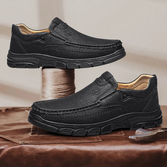 Men's Handmade Thick Rubber Bottom Breathable Casual Leather Shoes Classic Sewn Loafers Comfortable Leisure Footwear