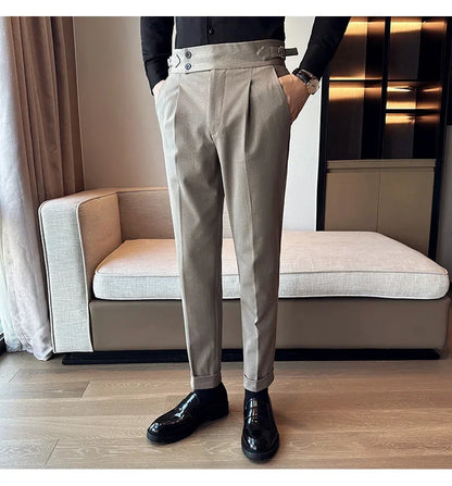 Autumn Winter High Waist Business Dress Pants Men Casual Belt Design Slim Suit Pants Formal Wedding Social Party Male Trousers