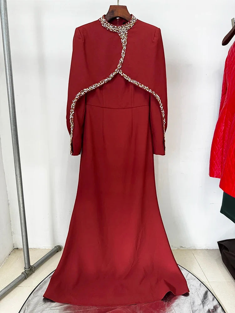 HIGH STREET Newest 2026 Designer Vestido Women's Diamonds Beaded Cape Sleeve Floor Length Maxi Long Dress