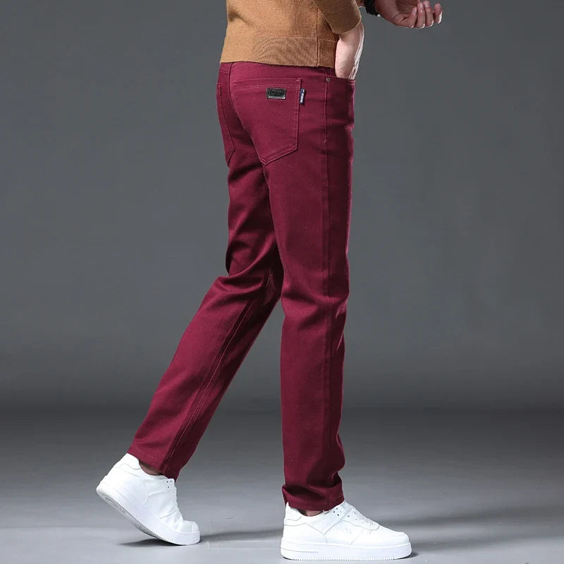 Wine Red Jeans Men Fashion Casual Classic Style Business Straight Slim Fit Trousers Male Advanced Pants 6 Colors Plus Size 28-44
