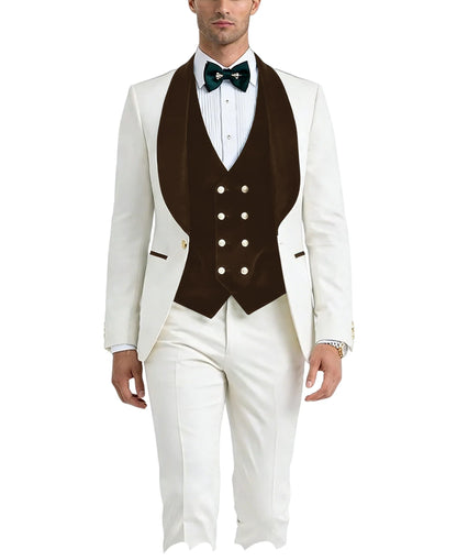 Men White Tuxedo Suit 3 Piece Shawl Lapel Slim Fit 1 Button Velvet Collar Patched Blazer Vest Pants Set for Wedding Party Groom