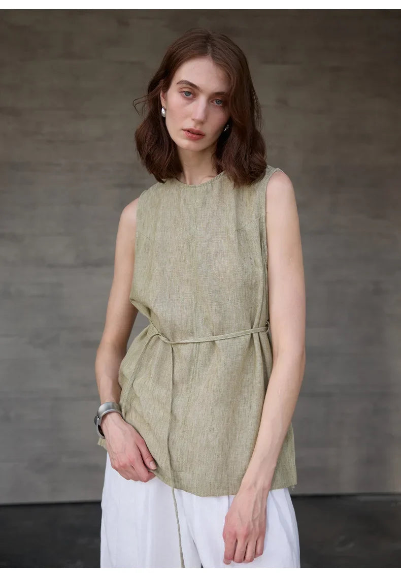 100% Linen Mid-Length Round Neck Women's Tank Top American Vintage Ladies Top Mujer Summer Lace-up Loose Sleeveless Tops