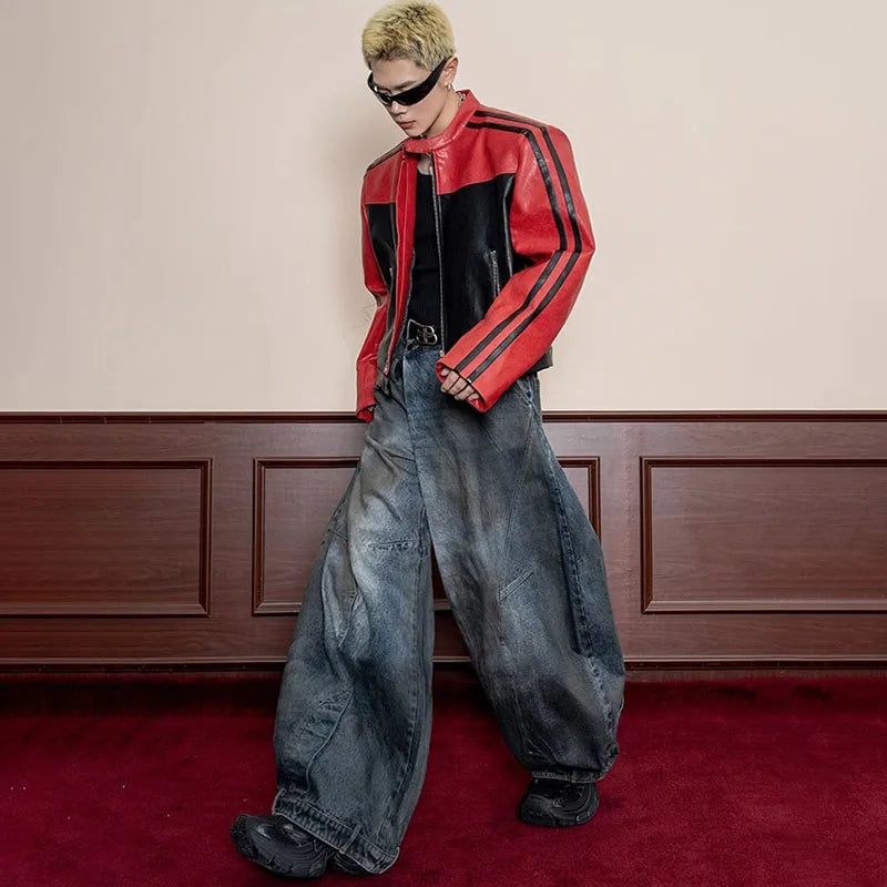 2 Piece Korean Retro Men'S Jeans Spring And Autumn Styles Loose Wide Leg Pants Casual Straight Leg Pants Floor Length Pants