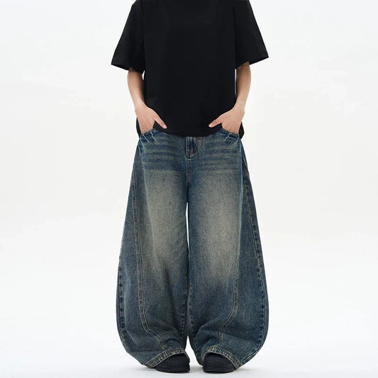 2025 Spring New Men's Jeans Oversized Wide Leg Pants Loose Vintage Patchwork Lightning Cracked Denim Trousers Streetwear Male