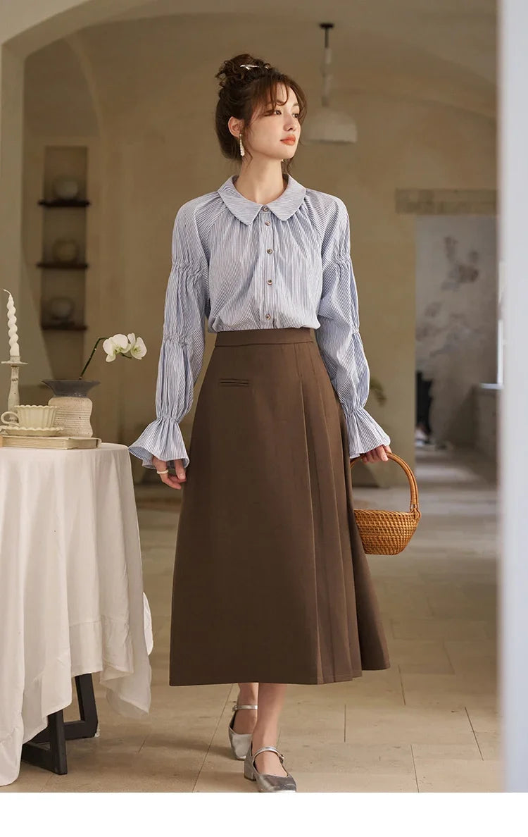 Women's Blue Stripe Shirt 2024 Spring Fashion French Retro Bubble Sleeves Doll Neck Loose Tops Office Lady MXD12C0163