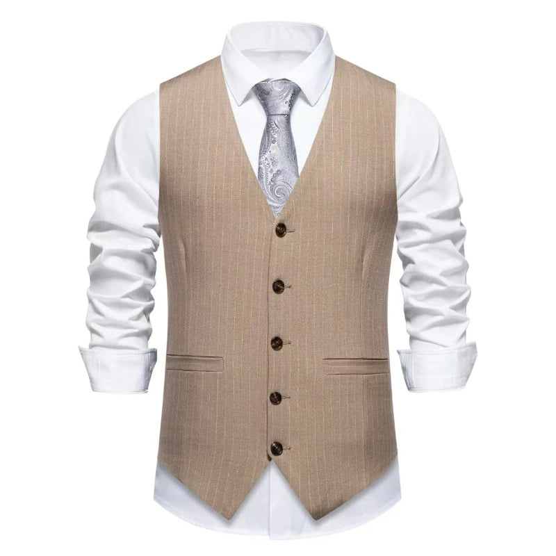 2026 New Red Striped Suit Vest For Men,Fashion Business Formal Wear Casual Khaki/Black Stripes Waistcoats