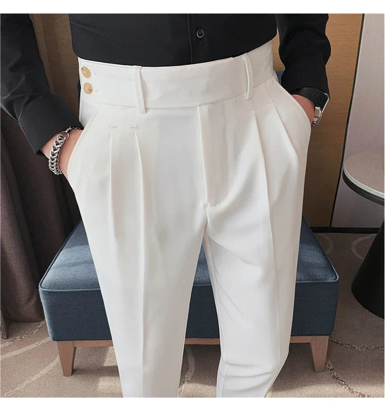 British Style Twill Pleat Design Naples High Waist Casual Trousers Fashion Man Slim Simple Social Party Suit Pant Plus Size 38