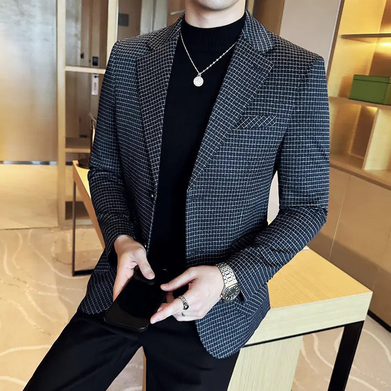 Men's Elegant Grid Suit Jacket 2026 Spring New Fashion Slim Blazer Jackets Social Prom Dress Jacket Men's High Quality Clothing