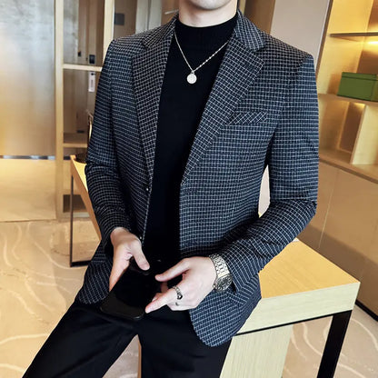 Men's Elegant Grid Suit Jacket 2026 Spring New Fashion Slim Blazer Jackets Social Prom Dress Jacket Men's High Quality Clothing