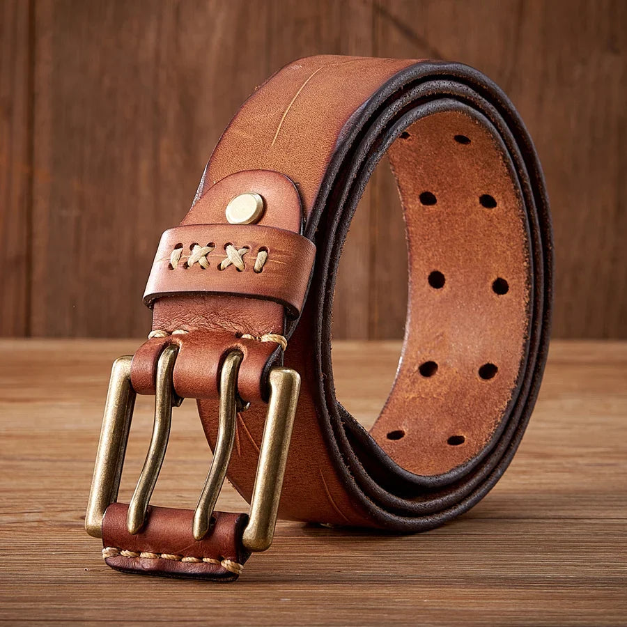 3.8CM Original Genuine Leather Army Tactical Belt Double-needle Buckle Men's Belt Washed Water Made Old Macho Jeans Belt