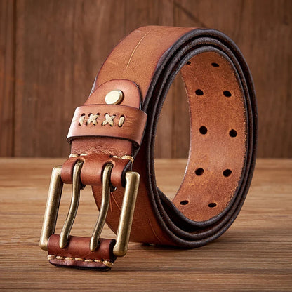 3.8CM Original Genuine Leather Army Tactical Belt Double-needle Buckle Men's Belt Washed Water Made Old Macho Jeans Belt