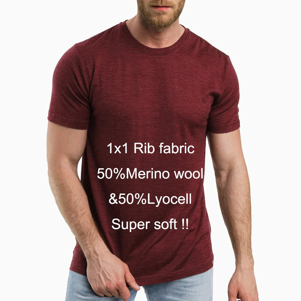 Men's 100% Superfine Merino Wool T-Shirt Base Layer Wicking Breathable Quick Dry Anti-Odor No-itch Comfortable Fit Size