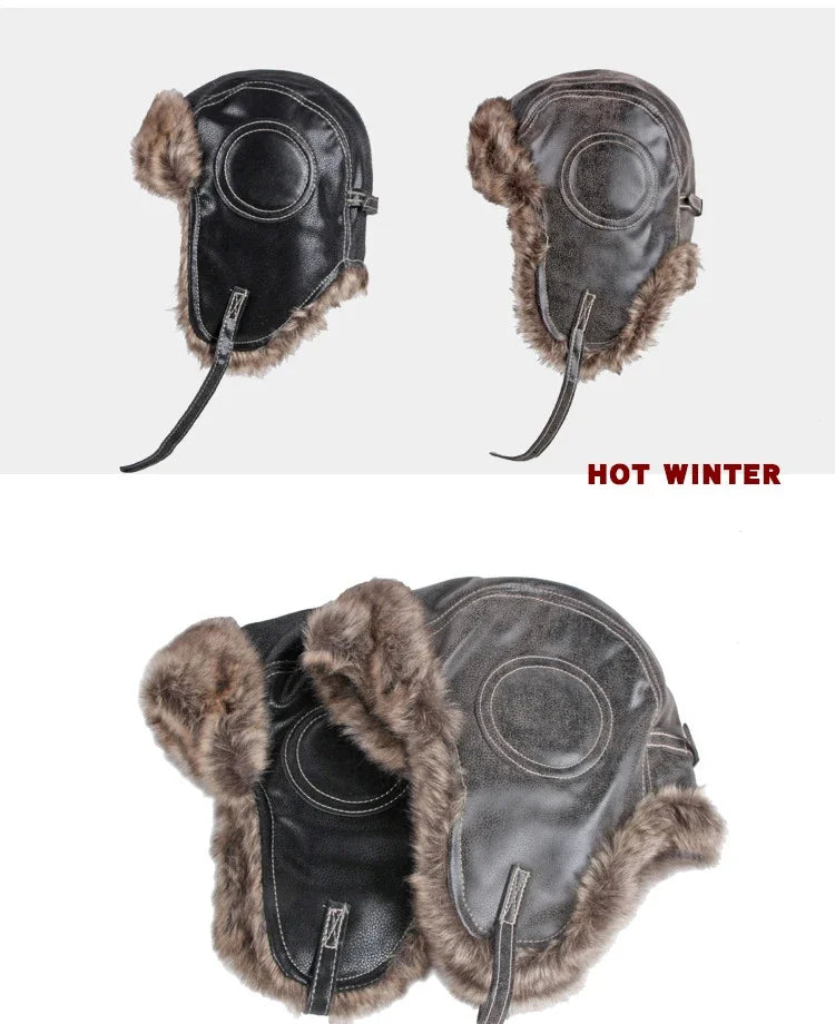 Winter Ushanka Hat Men Women's Pilot Aviator Trapper Hat Faux Fur Leather Snow Cap with Ear Flaps Pilot Winter Trapper Hat