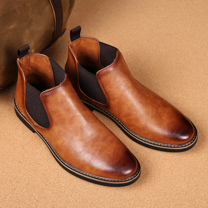 39~47 Men Chelsea Boots Brand Retro Comfortable PU Leather Ankle Boots Men 2025 Fashion Black Brown Mens Boots