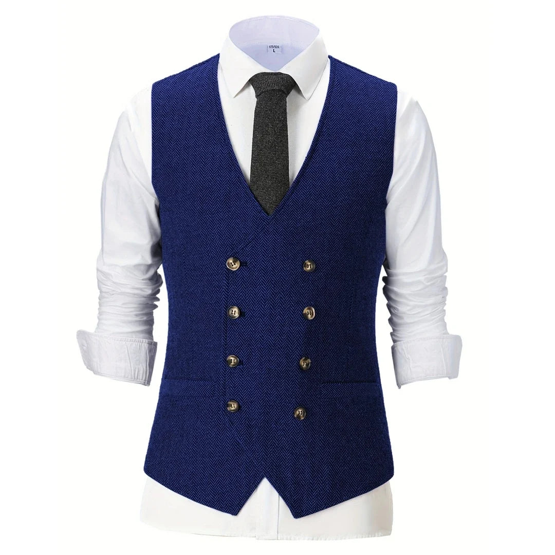 Men Vest Chanpagne Herringbone Double Button V Neck Waistcoat For Wedding Party Business Work Office Daily Casual Men Suit Vest