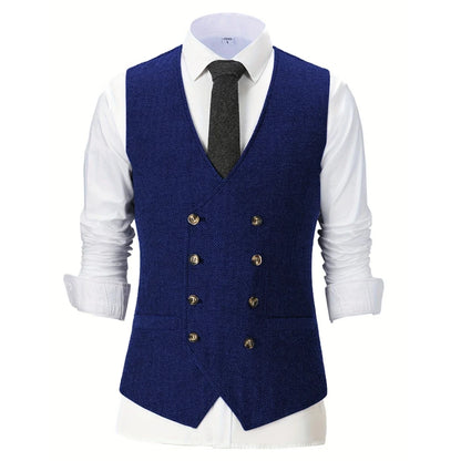 Men Vest Chanpagne Herringbone Double Button V Neck Waistcoat For Wedding Party Business Work Office Daily Casual Men Suit Vest