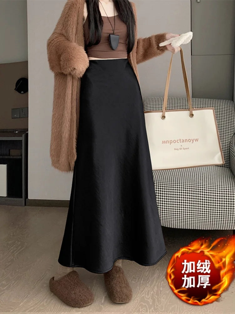 New Autumn Winter Solid Satin Silk Mermaid Skirt Women Fashion High Waist Office Ladies Work Warmth Party Long Maxi Skirt