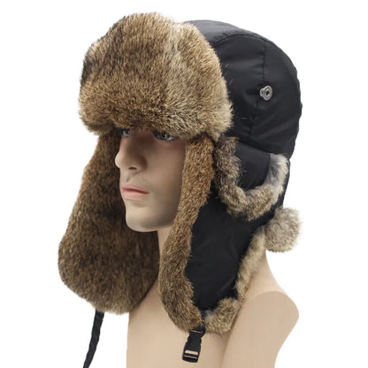 Sports Winter Fashion Trapper Hats Men Thick real Rex Rabbit Fur Bomber Cap with Warm Snow Ear Flap Hiking Hats for Outdoor