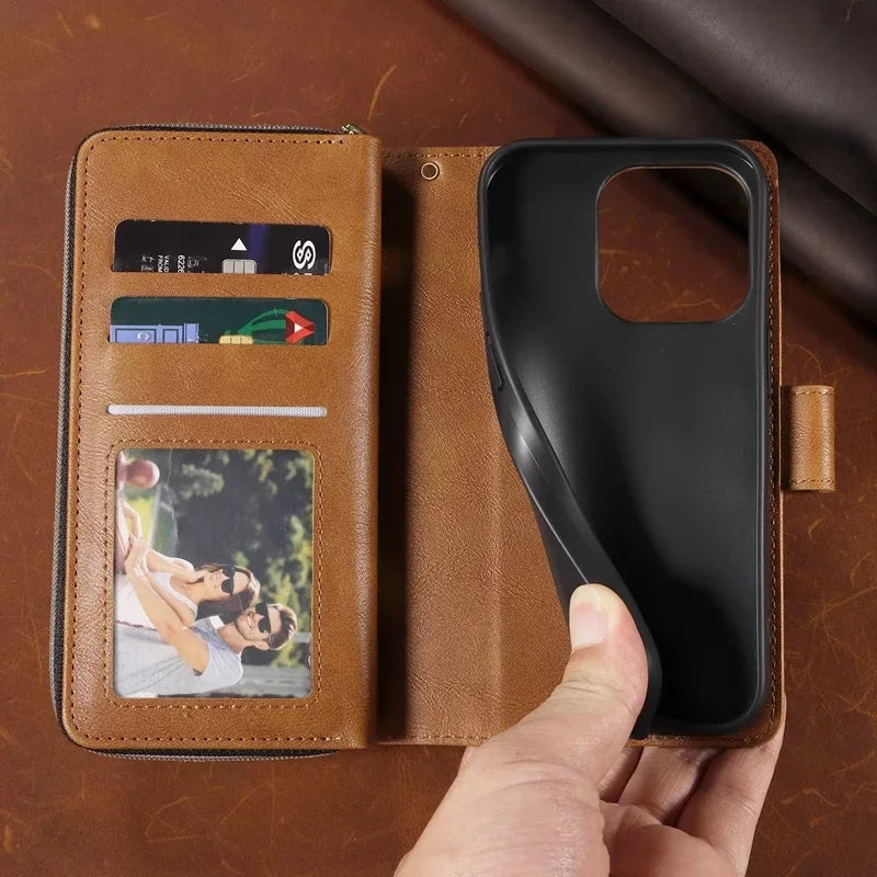 Double Layer Zipper Wallet Case with 9 Card Slots for iPhone 16 16E Pro Max 15 14 Plus13 12 Pro Max PU Leather Flip Cover