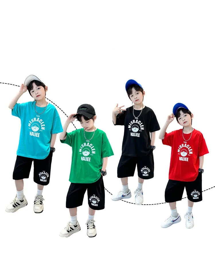 Summer Boys Cotton Leisure Print T-Shirt Top+Shorts Pant Contrast Set School Kids 2PCS Tracksuit Children Vacation Outfit 5-16Yr