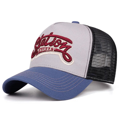 New Unisex American Locomotive Letter Embroidery Baseball Hats Sunshade Color Block Breathable Retro Trucker Caps Versatile Mesh