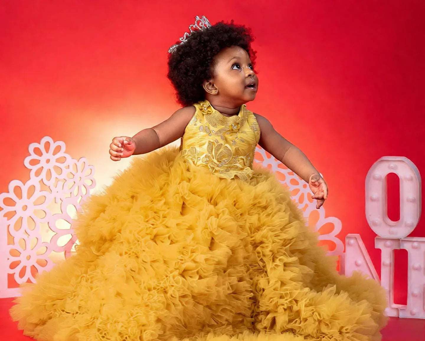 Luxury Red Ruffles Flower Girl Dresses Sequined Princess Customized Baby Girls First Birthday Party Pageant Dress For Wedding