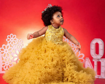 Luxury Red Ruffles Flower Girl Dresses Sequined Princess Customized Baby Girls First Birthday Party Pageant Dress For Wedding